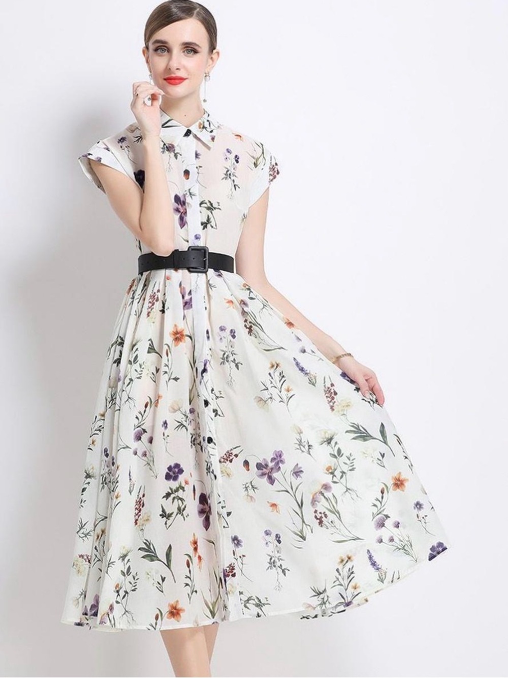 Chicwish Botanical Printed Button Down Belted Midi Dress NWT